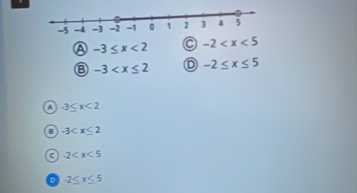 A -3≤ x<2</tex>
C -2
-3
D -2≤ x≤ 5
a -3≤ x<2</tex>
a -3
a -2
D -2≤ x≤ 5