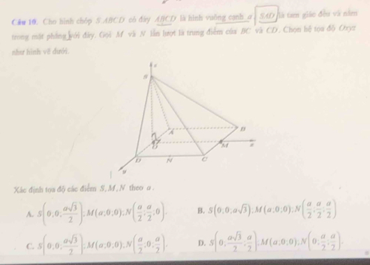 Cầu 10. Cho hình chóp S ABCD có đây ABCD là hình vuồng cạnh_a SAD llà tam giáo đều và năm
trong mặt pháng với đây. Gọi M và N làn lượt là trung điểm của BC và CD. Chọn hệ tọa độ Ozyz
như hình vẽ dưới.
Xác định tọa độ các điểm S, M, N theo α.
A. S(0,0, asqrt(3)/2 ), M(a,0,0), N( a/2 ;  a/2 ;0). B. S(0,0;asqrt(3)), M(a;0:0):N( a/2 : a/2 : a/2 )
C. S(0,0, asqrt(3)/2 ), M(a:0,0), N( a/2 :0: a/2 ). D. S(0, asqrt(3)/2 , a/2 ), M(a:0:0), N(0: a/2 : a/2 ).