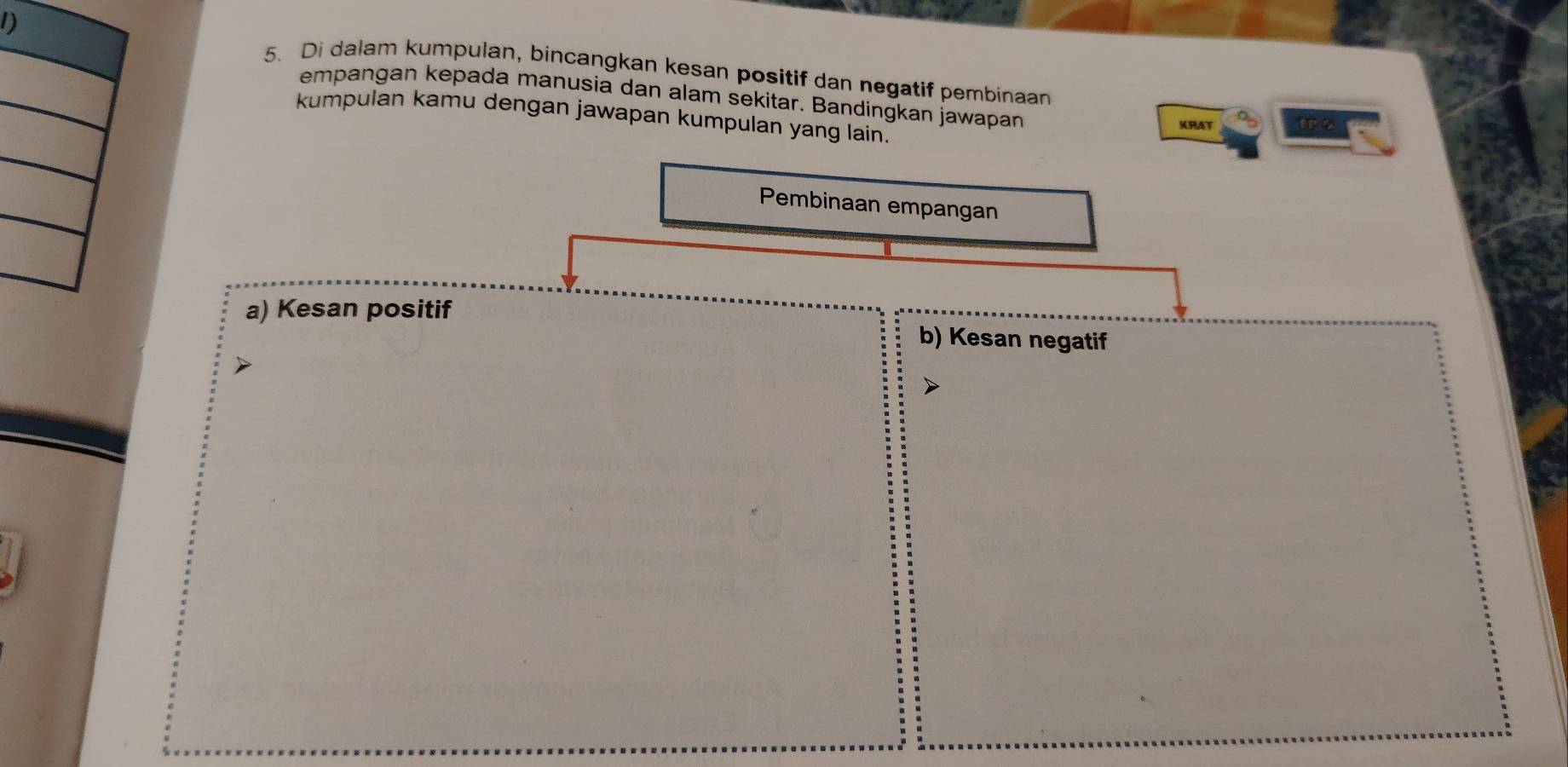 1)5. Di dalam kumpulan, bincangkan kesan positif dan negatif pembinaan 
empangan kepada manusia dan alam sekitar. Bandingkan jawapan 
kumpulan kamu dengan jawapan kumpulan yang lain. 
KRAT te 
Pembinaan empangan 
a) Kesan positif 
b) Kesan negatif