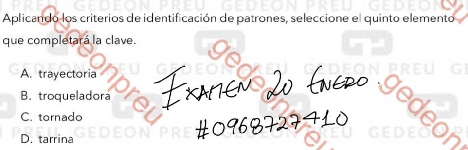 Aplicando los criterios de identificación de patrones, seleccione el quinto elemento
que completará la clave.
A. trayectoria
B. troqueladora
C. tornado
D. tarrina