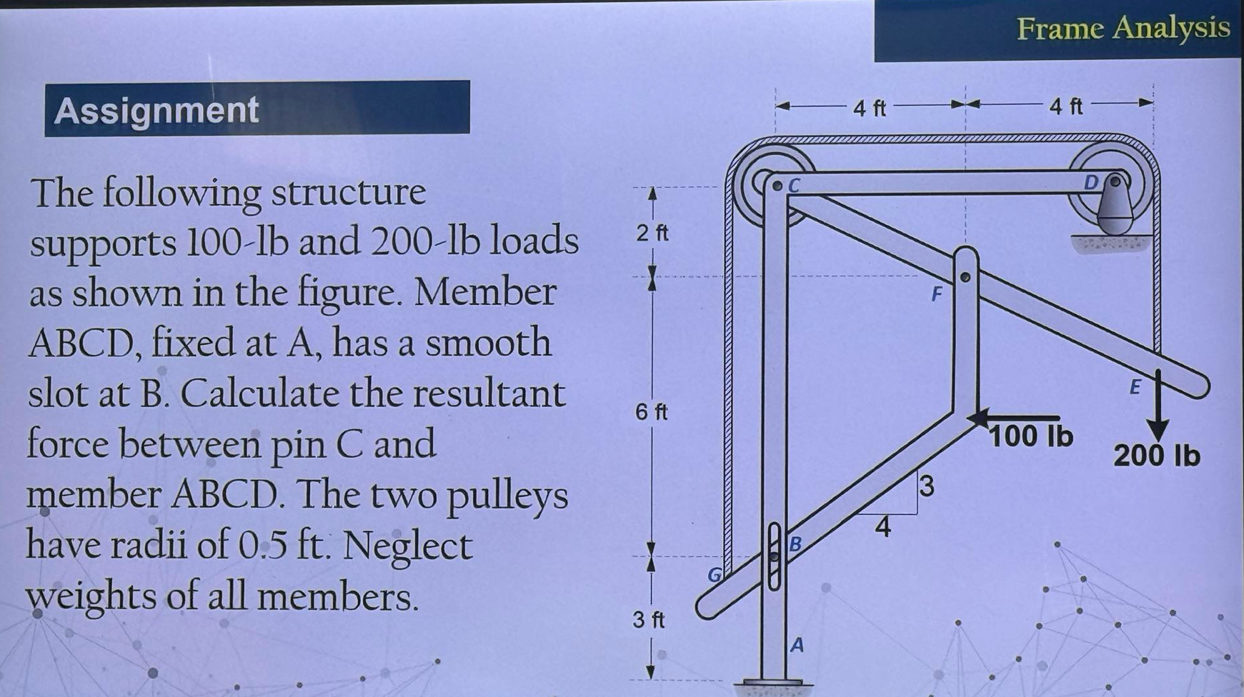 Frame Analysis 
Assignment 4 ft 4 ft
The following structure 
C 
D 
supports 100-lb and 200-lb loads 2 ft
as shown in the figure. Member F
ABCD, fixed at A, has a smooth 
slot at B. Calculate the resultant 
E
6 ft
force between pin C and 100 Ib 200 Ib
member ABCD. The two pulleys 
3 
have radii of 0.5 ft. Neglect
4
B
G
weights of all members.
3 ft
A