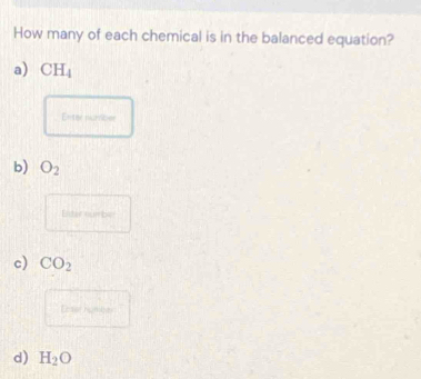 How many of each chemical is in the balanced equation?
a) CH_4
Enter numiber
b) O_2
Enter numble
c) CO_2
Ecser hombes
d) H_2O