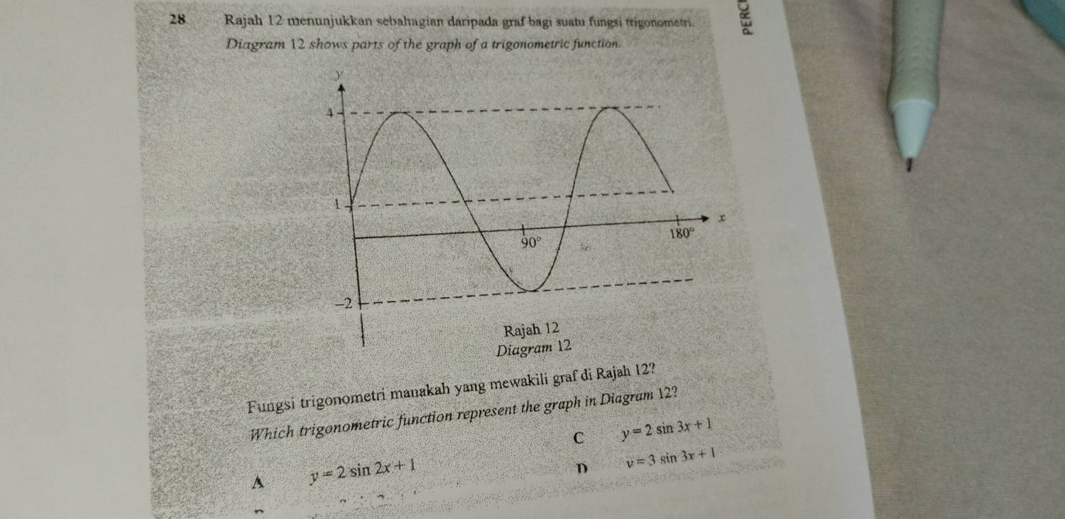 Rajah 12 menunjukkan sebahagian daripada graf bagi suatu fungsi trigonometri.
Diagram 12 shows parts of the graph of a trigonometric function.
Fungsi trigonometri manakah yang mewakili graf di Rajah 12?
Which trigonometric function represent the graph in Diagram 12?
C y=2sin 3x+1
A y=2sin 2x+1
D v=3sin 3x+1