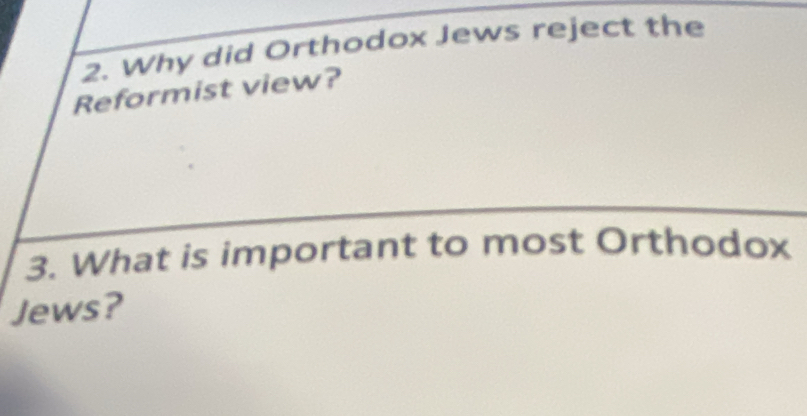 Why did Orthodox Jews reject the 
Reformist view? 
3. What is important to most Orthodox 
Jews?