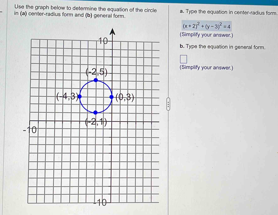 Use the graph below to determine the equation of the circle a. Type the equation in center-radius form.
in (a) center-radius form and (b) general form.
(x+2)^2+(y-3)^2=4
(Simplify your answer.)
b. Type the equation in general form.
(Simplify your answer.)