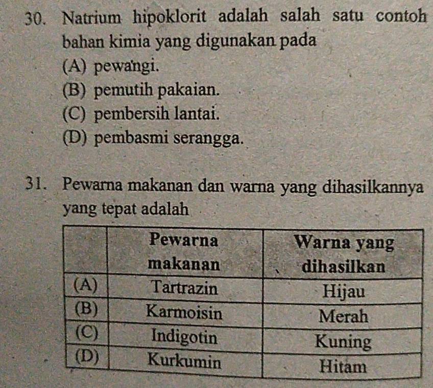 Natrium hipoklorit adalah salah satu contoh
bahan kimia yang digunakan pada
(A) pewangi.
(B) pemutih pakaian.
(C) pembersih lantai.
(D) pembasmi serangga.
31. Pewarna makanan dan warna yang dihasilkannya
yang tepat adalah