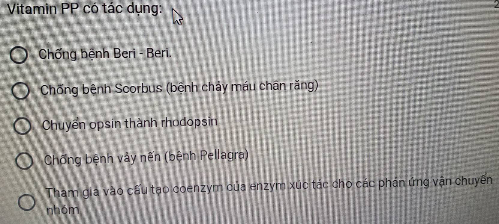 Vitamin PP có tác dụng:
2
Chống bệnh Beri - Beri.
Chống bệnh Scorbus (bệnh chảy máu chân răng)
Chuyển opsin thành rhodopsin
Chống bệnh vảy nến (bệnh Pellagra)
Tham gia vào cấu tạo coenzym của enzym xúc tác cho các phản ứng vận chuyển
nhóm