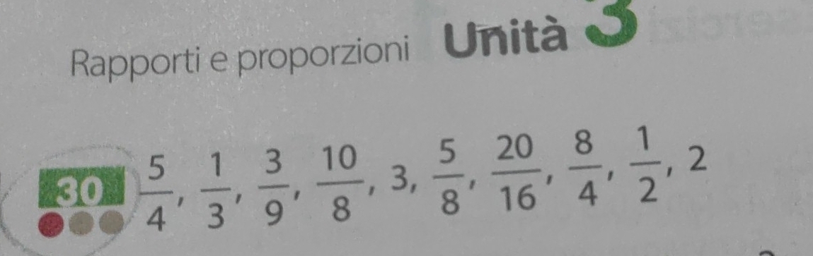 Rapporti e proporzioni Unità J 
30  5/4 ,  1/3 ,  3/9 ,  10/8 , 3,  5/8 ,  20/16 ,  8/4 ,  1/2 , 2