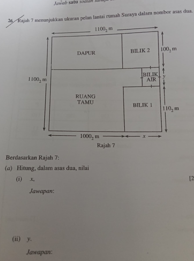 Jawab satu soalan sund
26 Rajah 7 menunjukkan ukuran pelan lantai rumah Suraya dalam nombor asas dua.
Berdasarkan Rajah 7:
(α) Hitung, dalam asas dua, nilai
(i) x, [2
Jawapan:
(ii) y.
Jawapan: