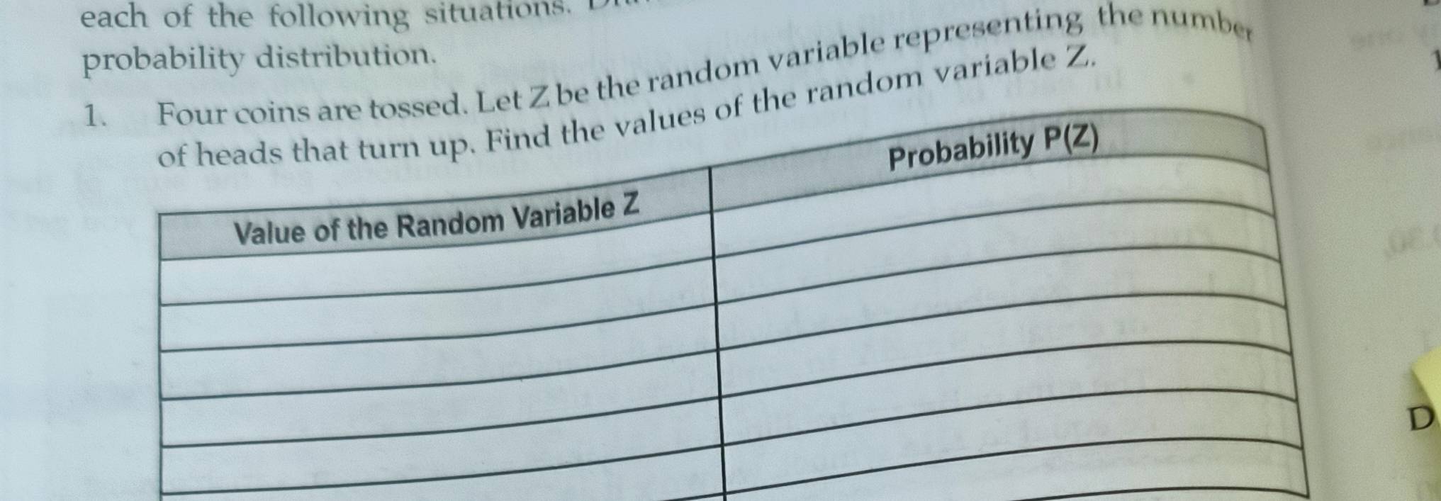 each of the following situations.
probability distribution.
the random variable representing the number
ndom variable Z
D