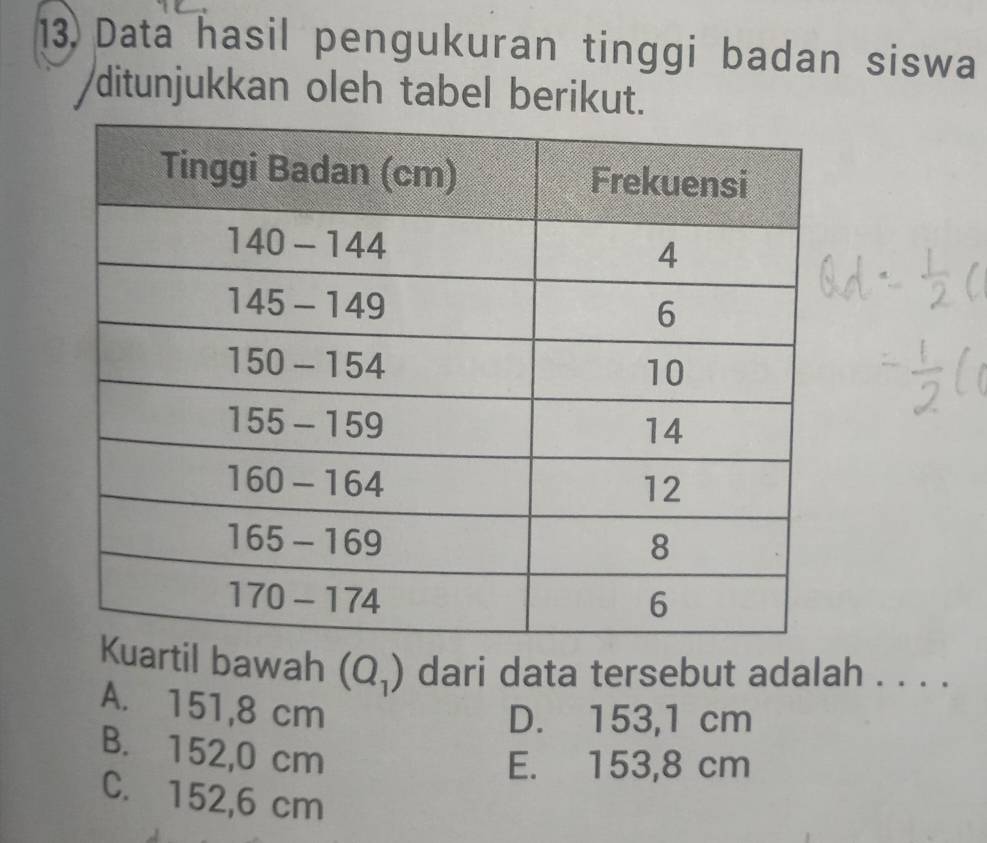 Data hasil pengukuran tinggi badan siswa
ditunjukkan oleh tabel berikut.
artil bawah (Q_1) dari data tersebut adalah . . . .
A. 151,8 cm
D. 153,1 cm
B. 152,0 cm
E. 153,8 cm
C. 152,6 cm