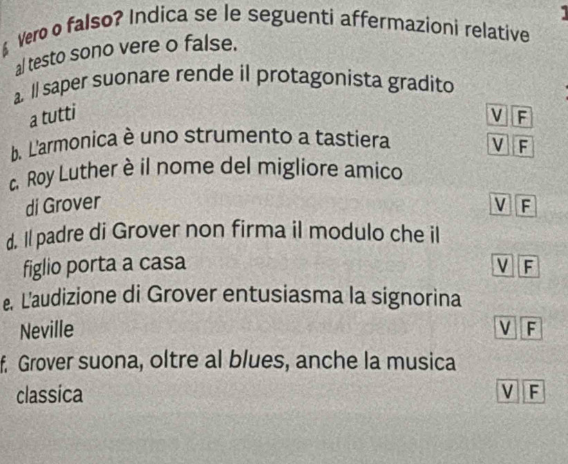 § Vero o falso? Indica se le seguenti affermazioni relative
al testo sono vere o false.
a. ll saper suonare rende il protagonista gradito
a tutti V F
b. L'armonica è uno strumento a tastiera V F
. Roy Luther è il nome del migliore amico
di Grover V F
d. Il padre di Grover non firma il modulo che il
figlio porta a casa V F
e. L'audizione di Grover entusiasma la signorina
Neville V F
f. Grover suona, oltre al blues, anche la musica
classica V F