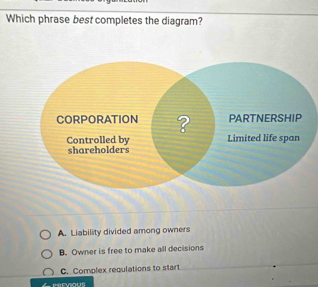 Which phrase best completes the diagram?
A. Liability divided among owners
B. Owner is free to make all decisions
C. Complex requlations to start
PREVIOUS