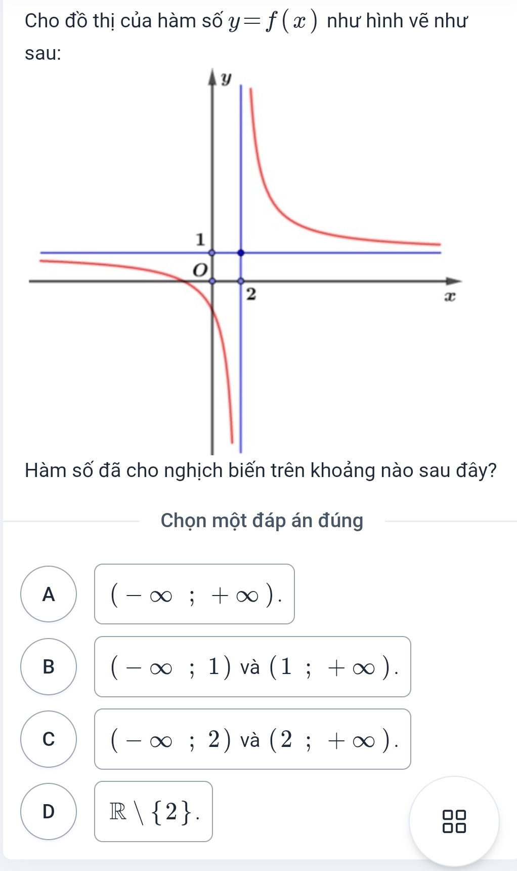 Cho đồ thị của hàm số y=f(x) như hình vẽ như
sau:
Hàm số đã cho nghịch biến trên khoảng nào sau đây?
Chọn một đáp án đúng
A (-∈fty ;+∈fty ).
B (-∈fty ;1) và (1;+∈fty ).
C (-∈fty ;2) và (2;+∈fty ).
D R| 2.