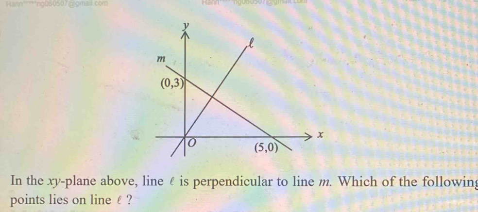 'Harn''*'ng060507@gmail.com Hann'
In the xy-plane above, line £ is perpendicular to line m. Which of the following
points lies on line l ?