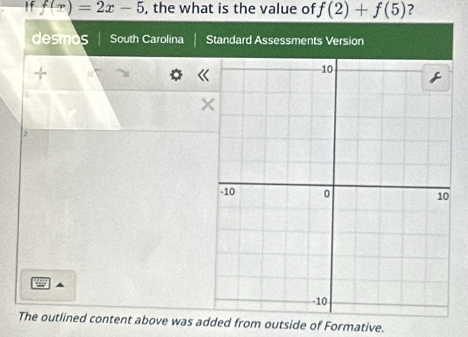 If f(x)=2x-5 , the what is the value of f(2)+f(5) ? 
desmos South Carolina Standard Assessments Version 
+ 
2 
The outlined content above was added from outside of Formative.