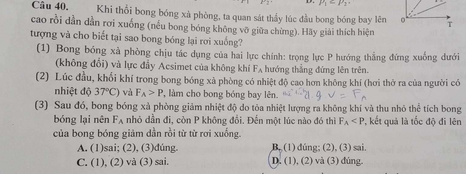 P_1=P_2·
Câu 40. Khi thổi bong bóng xà phòng, ta quan sát thấy lúc đầu bong bóng bay lên 
cao rồi dần dần rơi xuống (nếu bong bóng không vỡ giữa chừng). Hãy giải thích hiện
tượng và cho biết tại sao bong bóng lại rơi xuống?
(1) Bong bóng xà phòng chịu tác dụng của hai lực chính: trọng lực P hướng thẳng đứng xuống dưới
(không đổi) và lực đầy Acsimet của không khí F_A hướng thẳng đứng lên trên.
(2) Lúc đầu, khối khí trong bong bóng xà phòng có nhiệt độ cao hơn không khí (hơi thở ra của người có
nhiệt độ 37°C) và F_A>P , làm cho bong bóng bay lên.
(3) Sau đó, bong bóng xà phòng giảm nhiệt độ do tỏa nhiệt lượng ra không khí và thu nhỏ thể tích bong
bóng lại nên Fạ nhỏ dần đi, còn P không đổi. Đến một lúc nào đó thì F_A , kết quả là tốc độ đi lên
của bong bóng giảm dần rồi từ từ rơi xuống.
A. (1)sai; (2), (3)đúng. B. (1) đúng; (2), (3) sai.
C. (1), (2) và (3) sai. D. (1), (2) và (3) đúng.