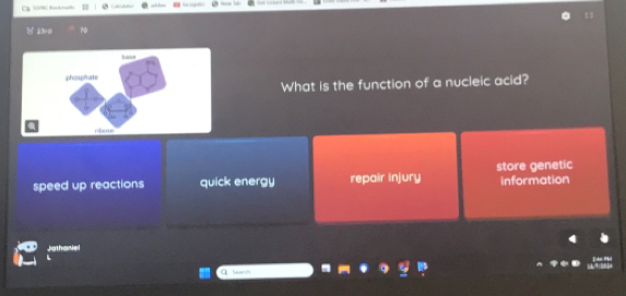 VB Rackmadn
23rd
What is the function of a nucleic acid?
speed up reactions quick energy repair injury store genetic information
the
Seorth