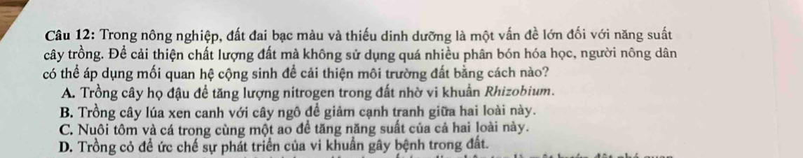 Trong nông nghiệp, đất đai bạc màu và thiếu dinh dưỡng là một vấn đề lớn đối với năng suất
cây trồng. Để cải thiện chất lượng đất mà không sử dụng quá nhiều phân bón hóa học, người nông dân
có thể áp dụng mối quan hệ cộng sinh để cải thiện môi trường đất bằng cách nào?
A. Trồng cây họ đậu đề tăng lượng nitrogen trong đất nhờ vi khuẩn Rhizobium.
B. Trồng cây lúa xen canh với cây ngô đề giảm cạnh tranh giữa hai loài này.
C. Nuôi tôm và cá trong cùng một ao đề tăng năng suất của cả hai loài này.
D. Trồng cỏ đề ức chế sự phát triển của vi khuẩn gây bệnh trong đất.