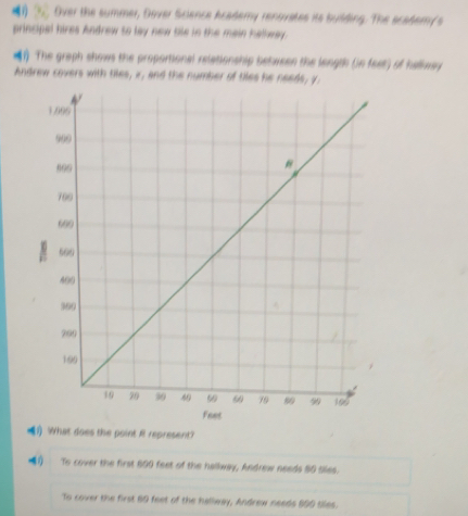 () 3 Over the summer, Dover Science Acadery renuvates its building. The scader(s
principal hires Andrew to lay new tile in the main hallway.
(1) The graph shows the proportional relationship between the length (in fest) of hallway
Andrew covers with tiles, x, and the number of tiles he needs, y
1 What does the point R represent?
To cover the first 600 feet of the hallway, Andrew needs 50 tiles.
To cover the first 60 feet of the hallway, Andrew needs 800 tiles.