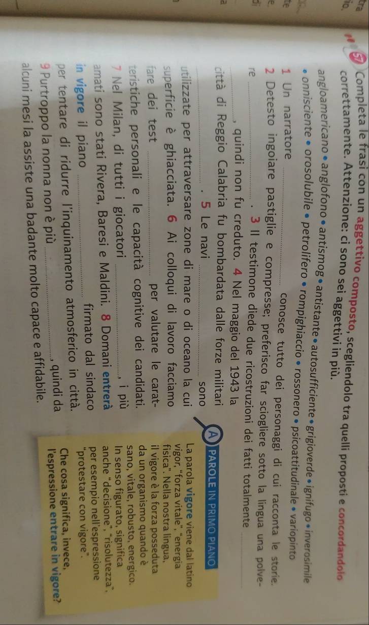 tra  Completa le frasi con un aggettivo composto, scegliendolo tra quelli proposti e concordandolo
io.
correttamente. Attenzione: ci sono sei aggettivi in più.
angloamericano • anglofono • antismog •antistante •autosufficiente • grigioverde •ignifugo •inverosimile
C
• onnisciente • orosolubile • petrolífero • rompighiaccio • rossonero • psicoattitudinale • variopinto
te 1 Un narratore _conosce tutto dei personaggi di cui racconta le storie.
ε
2 Detesto ingoiare pastiglie e compresse; preferisco far sciogliere sotto la lingua una polve-
di
re_
. 3 II testimone diede due ricostruzioni dei fatti totalmente_
_, quindi non fu creduto. 4 Nel maggio del 1943 la
a
città di Reggio Calabria fu bombardata dalle forze militari A  PAROLE iN PrimO PiANo
_. 5 Le navi _sono
utilizzate per attraversare zone di mare o di oceano la cui La parola vigore viene dal latino
superficie è ghiacciata. 6 Ai colloqui di lavoro facciamo vigor, “forza vitale”, “energia
fisica". Nella nostra lingua,
fare dei test _per valutare le carat- il vigore è la forza posseduta
teristiche personali e le capacità cognitive dei candidati. da un organismo quando è
sano, vitale, robusto, energico.
7 Nel Milan, di tutti i giocatori _,i più In senso figurato, significa
amati sono stati Rivera, Baresi e Maldini. 8 Domani entrerà anche “decisione”, “risolutezza”,
in vigore il piano firmato dal sindaco per esempio nell'espressione
per tentare di ridurre l'inquinamento atmosferico in città. *protestare con vigore".
Che cosa significa, invece,
9 Purtroppo la nonna non è più _, quindi da l'espressione entrare in vigore?
alcuni mesi la assiste una badante molto capace e affidabile.