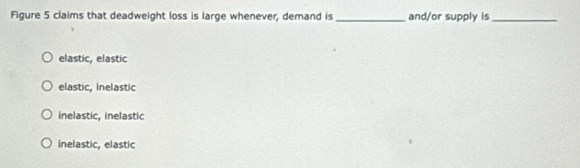 Figure 5 claims that deadweight loss is large whenever, demand is _and/or supply is_
elastic, elastic
elastic, inelastic
inelastic, inelastic
inelastic, elastic