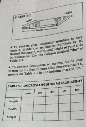 To convert your centimeter
meters, divide the centimeter numbers by 
Record the length, width, and height of your slide 
in decimeters. Use the column marked “ dm ” of 
Table 5 -1. 
To convert decimeters to meters, divide deci-
meters by 10. Record your slide measurements in
meters on Table 5-1 in the column marked “ m.”