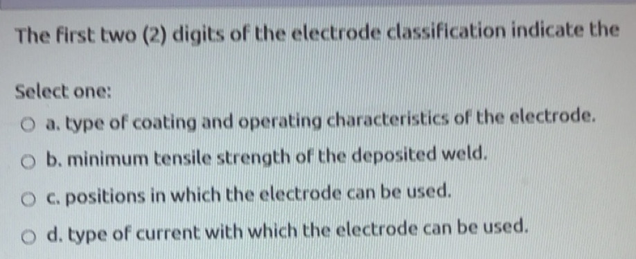 Solved: The first two (2) digits of the electrode classification ...