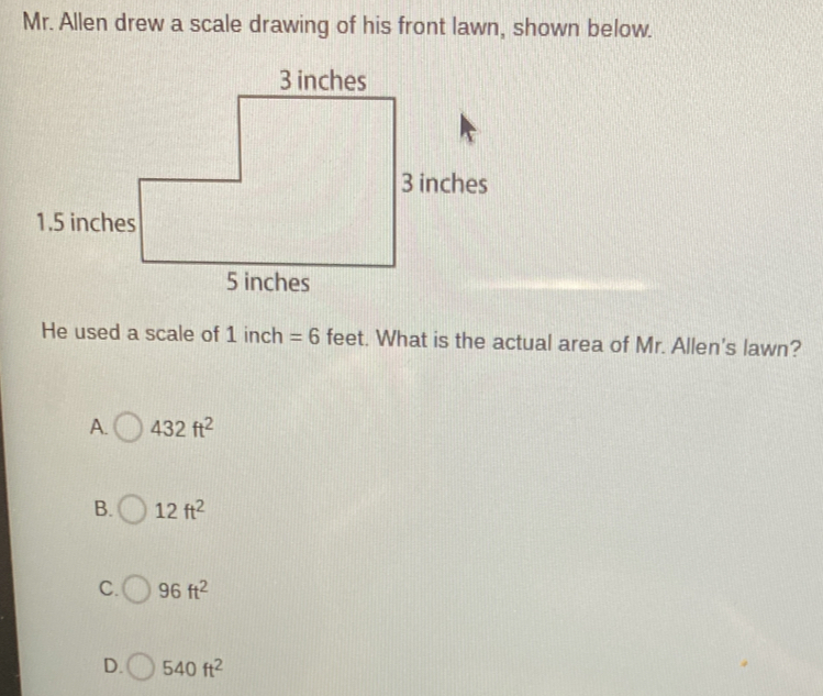 Solved: Mr. Allen drew a scale drawing of his front lawn, shown below ...