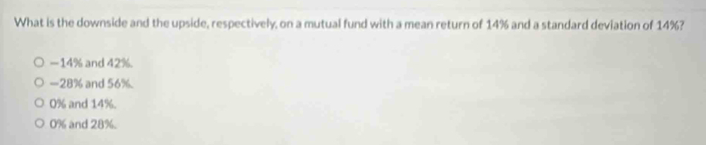 What is the downside and the upside, respectively, on a mutual fund with a mean return of 14% and a standard deviation of 14%?
−14% and 42%.
- 28% and 56%
0% and 14%.
0% and 28%.