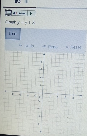 #3 i 
Listen 
Graph y=x+3. 
Line 
Undo Redo × Reset