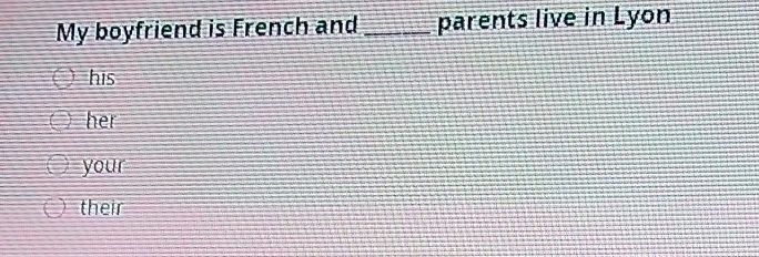 My boyfriend is French and _parents live in Lyon
his
her
your
their