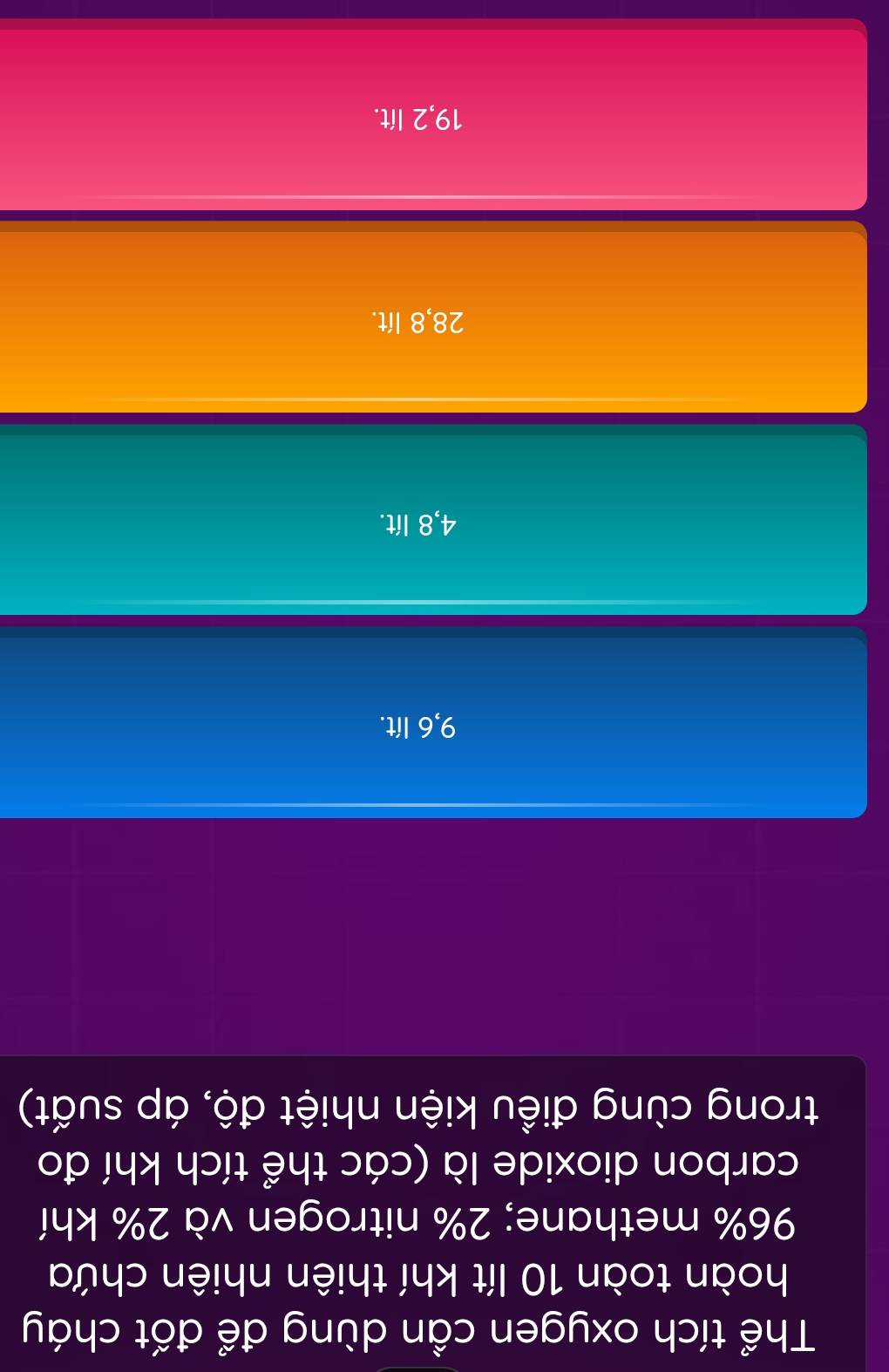 Thể tích oxygen cần dùng để đốt cháy
hoàn toàn 10 lít khí thiên nhiên chứa
96% methane; 2% nitrogen và 2% khí
carbon dioxide là (các thể tích khí đo
trong cùng điều kiện nhiệt độ, áp suất)
9,6 lít.
4,8 lít.
28,8 lít.
19,2 lít.