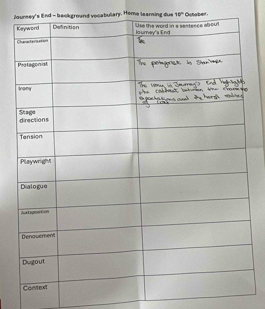 Jcabulary. Home learning due 10^(th) October.