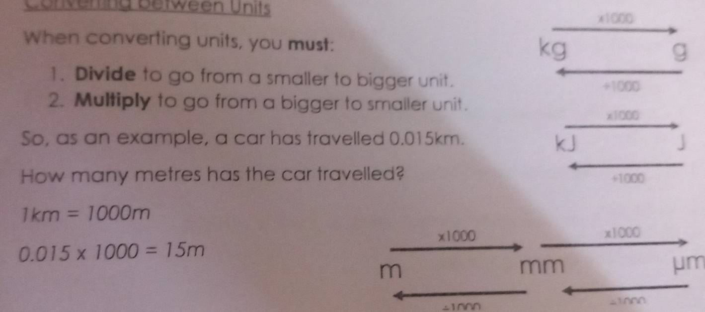 Convering between Units
x1000
When converting units, you must: 
g 
1. Divide to go from a smaller to bigger unit.
+1000
2. Multiply to go from a bigger to smaller unit.
x1000
So, as an example, a car has travelled 0.015km. J 
How many metres has the car travelled? +1000
1km=1000m
x1 000
x1000
0.015* 1000=15m
m
mm
μm
-1^^^ _1000