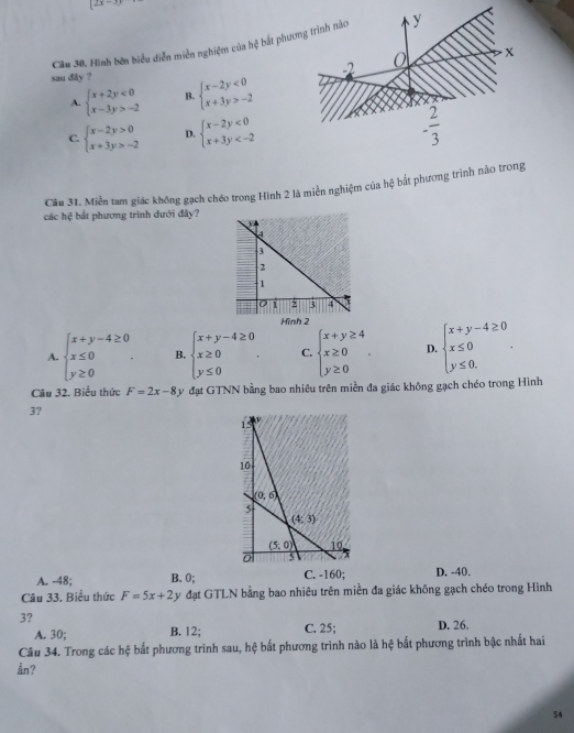 (2x-3)
Câu 30, Hình bên biểu diễn miền nghiệm của hệ bắt phư
sau dây ?
A. beginarrayl x+2y<0 x-3y>-2endarray. B. beginarrayl x-2y<0 x+3y>-2endarray.
C. beginarrayl x-2y>0 x+3y>-2endarray. D. beginarrayl x-2y<0 x+3y
Câu 31. Miền tam giác không gạch chéo trong Hình 2 là miền nghiệm của hệ bắt phương trình nào trong
các hxi bắt phương trình dưới đây?
A. beginarrayl x+y-4≥ 0 x≤ 0 y≥ 0endarray. . B. beginarrayl x+y-4≥ 0 x≥ 0 y≤ 0endarray. . C. beginarrayl x+y≥ 4 x≥ 0 y≥ 0endarray. . D. beginarrayl x+y-4≥ 0 x≤ 0 y≤ 0.endarray. .
Câu 32. Biểu thức F=2x-8 y đạt GTNN bằng bao nhiêu trên miền đa giác không gạch chéo trong Hình
3?
A. -48; B. 0; C. -160; D. -40.
Câu 33. Biểu thức F=5x+2 y đạt GTLN bằng bao nhiêu trên miền đa giác không gạch chéo trong Hình
3?
A. 30; B. 12; C. 25; D. 26.
Câu 34. Trong các hệ bất phương trình sau, hệ bất phương trình nào là hệ bắt phương trình bậc nhất hai
ån?
54