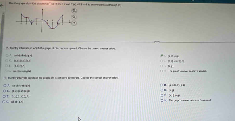 Use the graph of y=f(x) assuming f''(x)<0</tex> if x=d and f''(x)>0 x=f to answer parts (A) through (F)
(A) Identify intervals on which the graph of f is concave upward. Choose the correct answer below.
A. (a,b), (d,e),(g,h) B. (a,b), (e,g)
C. (a,c).(c,d).(e,g) D. (b,c):(c,e):(g,h)
E. (d,e).(g.h) F. (e,g)
G. (a,c).(c,e).(g,h) H. The graph is never concave upward.
(B) Identify intervals on which the graph of f is concave downward. Choose the correct answer below.
B. (a,c):(c,d):(e,g)
A. (a,c);(c,e):(g,h) D. (e. g)
C. (b,c):(c,d):(e,g)
E. (b,c):(c,e):(g,h)
F. (a,b);(e,g)
G. (d. e):(g.h) H. The graph is never concave downward