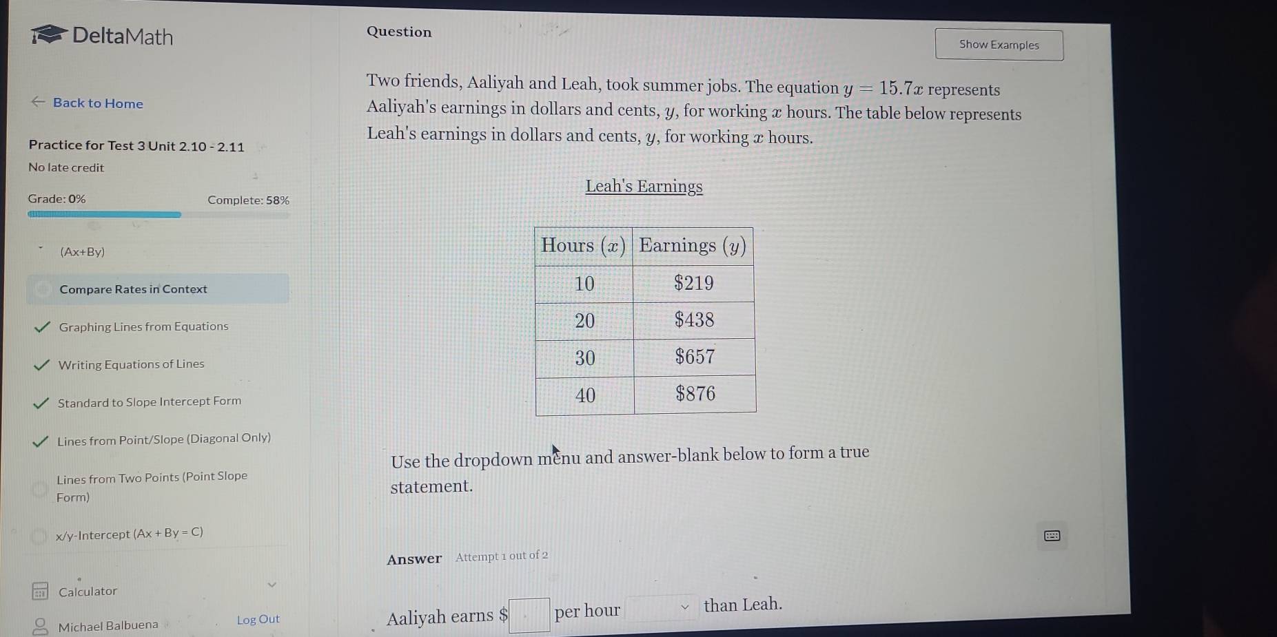 DeltaMath Question Show Examples 
Two friends, Aaliyah and Leah, took summer jobs. The equation y=15. .7x represents 
Back to Home Aaliyah's earnings in dollars and cents, y, for working x hours. The table below represents 
Practice for Test 3 Unit 2.10-2.11
Leah's earnings in dollars and cents, y, for working x hours. 
No late credit 
Leah's Earnings 
Grade: 0% Complete: 58% 
(Ax+By) 
Compare Rates in Context 
Graphing Lines from Equations 
Writing Equations of Lines 
Standard to Slope Intercept Form 
Lines from Point/Slope (Diagonal Only) 
Use the dropdown menu and answer-blank below to form a true 
Lines from Two Points (Point Slope 
Form) statement.
x/y -Intercept (Ax+By=C)
Answer Attempt 1 out of 2 
Calculator 
Michael Balbuena Log Out Aaliyah earns $ 8 per hour than Leah.