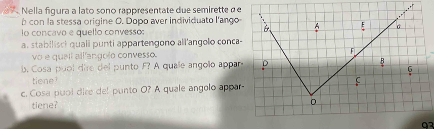 、 Nella figura a lato sono rappresentate due semirette a e 
b con la stessa origine O. Dopo aver individuato l’ango- 
lo concavo e quello convesso: 
B A E a 
a. stabilisci quali punti appartengono all’angolo conca- 
vo e quali allíangolo convesso. F 
b. Cosa puol dire del punto F? A quale angolo appar p B
G
tiene? C
c. Cosa puoi dire del punto O? A quale angolo appar- 
tiene? 
0
93