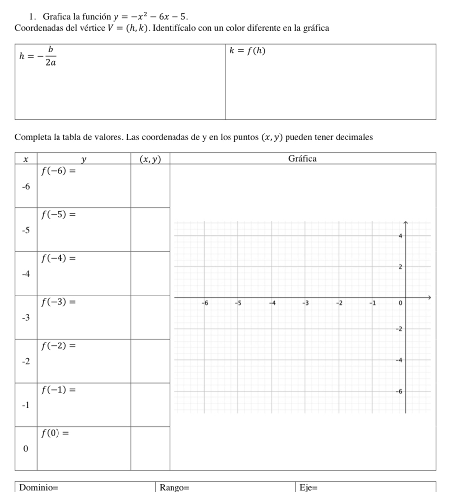 Grafica la función y=-x^2-6x-5.
Coordenadas del vértice V=(h,k). Identifícalo con un color diferente en la gráfica
Completa la tabla de valores. Las coordenadas de y en los puntos (x,y) pueden tener decimales
x y (x,y) Gráfica
f(-6)=
-6
f(-5)=
-5
f(-4)=
-4
f(-3)=
-3
f(-2)=
-2
f(-1)=
-1
f(0)=
0
Dominio= Rango= Eje=