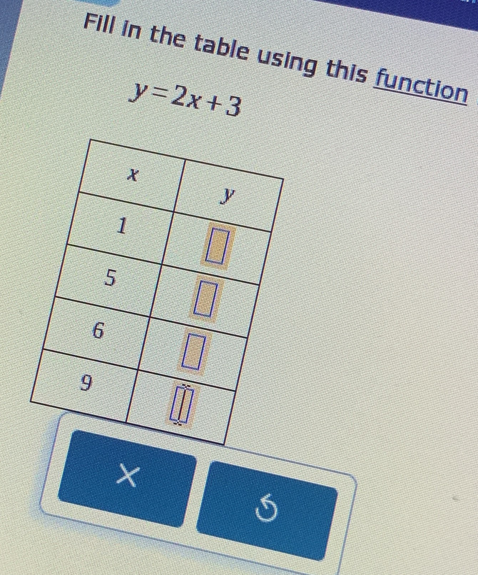 Fill in the table using this function
y=2x+3
1