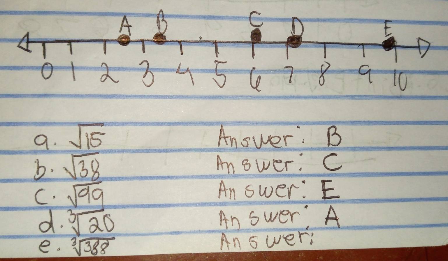 sqrt(15)
Anower: B 
b. sqrt(38)
Answer: C 
C. sqrt(99)
Answer: E 
d. sqrt[3](20)
An swer A 
e. sqrt[3](388) An swer: