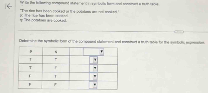 Write the following compound statement in symbolic form and construct a truth table. 
"The rice has been cooked or the potatoes are not cooked." 
p: The rice has been cooked. 
q: The potatoes are cooked. 
Determine the symbolic form of the compound statement and construct a truth table for the symbolic expression.