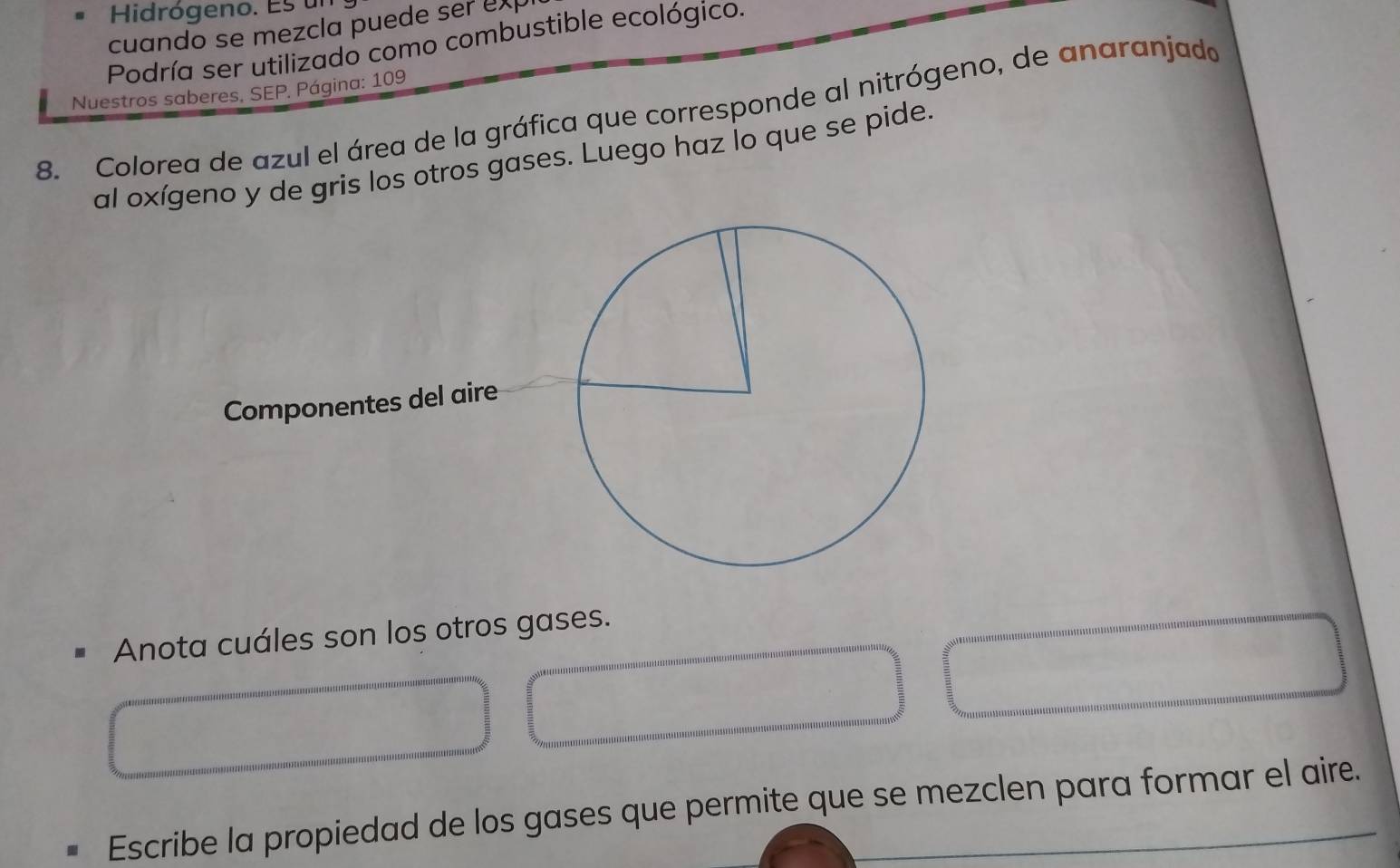 Hidrógeno. Es un 
cuando se mezcla puede ser exp 
Podría ser utilizado como combustible ecológico. 
Nuestros saberes, SEP. Página: 109 
8. Colorea de azul el área de la gráfica que corresponde al nitrógeno, de anaranjado 
al oxígeno y de gris los otros gases. Luego haz lo que se pide. 
Componentes del aire 
Anota cuáles son los otros gases. 
Escribe la propiedad de los gases que permite que se mezclen para formar el aire.