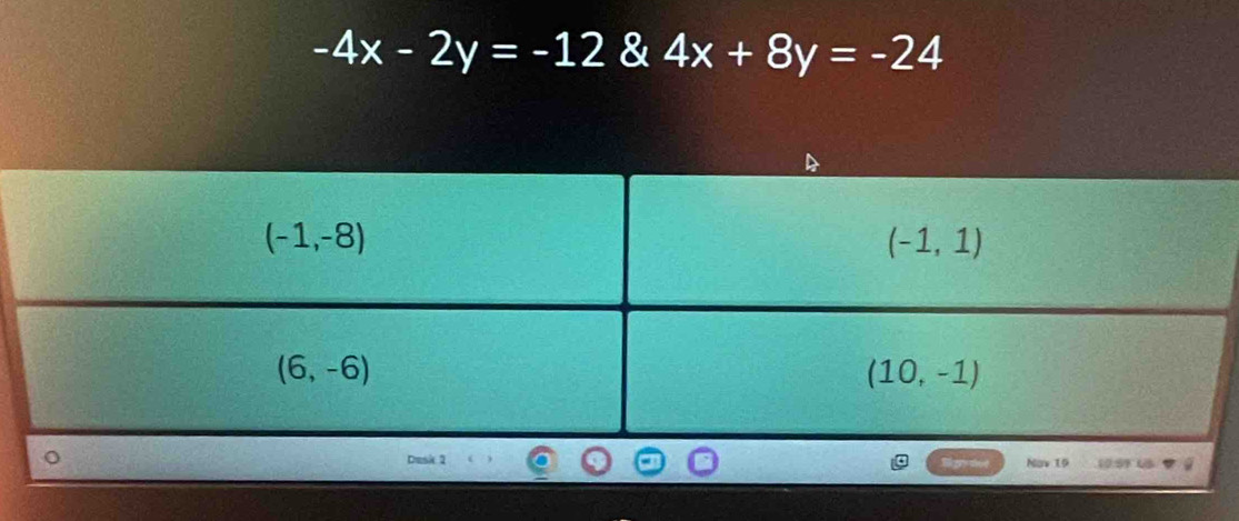 -4x-2y=-12 & 4x+8y=-24
Desk 2 Nov 15 10:51