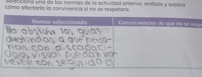 Selecciona una de las normas de la actividad anterior, anótala y explica 
cómo afectaría la convivencia si no se respetara.