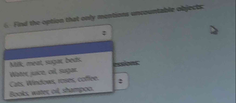 Find the option that only mentions uncountable objects:
Milk, meat, sugar, beds.
sions:

Water, juíce, orl, sugar.
Cats, Windows, roses, coffee. :
Books, water, oil, shampoo.