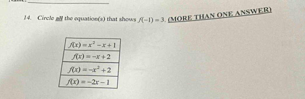 Circle all the equation(s) that shows f(-1)=3 (MORE THAN ONE ANSWER)