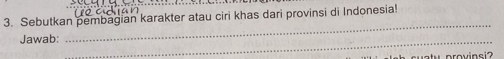 Sebutkan pembagian karakter atau ciri khas dari provinsi di Indonesia! 
Jawab:_ 
_ 
p rov in si