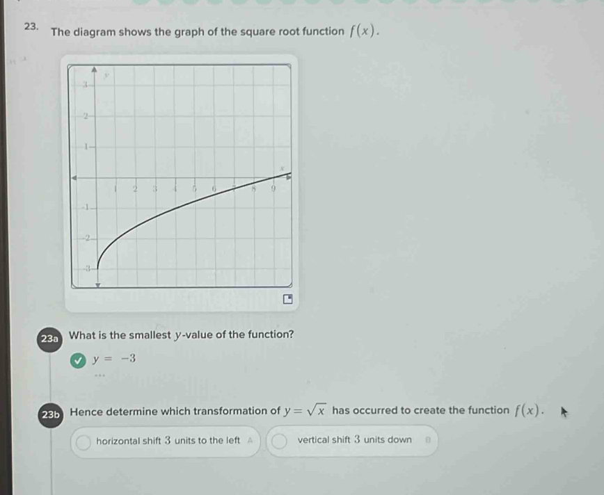 The diagram shows the graph of the square root function f(x). 
23a What is the smallest y -value of the function?
√ y=-3
205 Hence determine which transformation of y=sqrt(x) has occurred to create the function f(x). 
horizontal shift 3 units to the left vertical shift 3 units down B